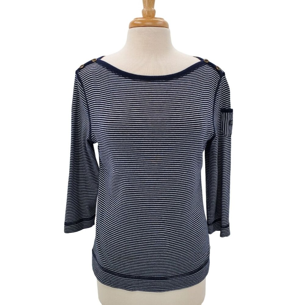 Lauren Jeans Co Womens Striped Nautical Boat Neck Top Size L Navy Blue & White